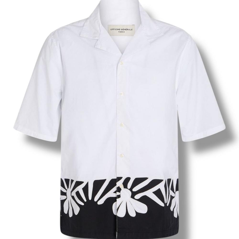 Officine Generale Eren Camp Shirt Men's Extra Large XL White Black Floral - $335